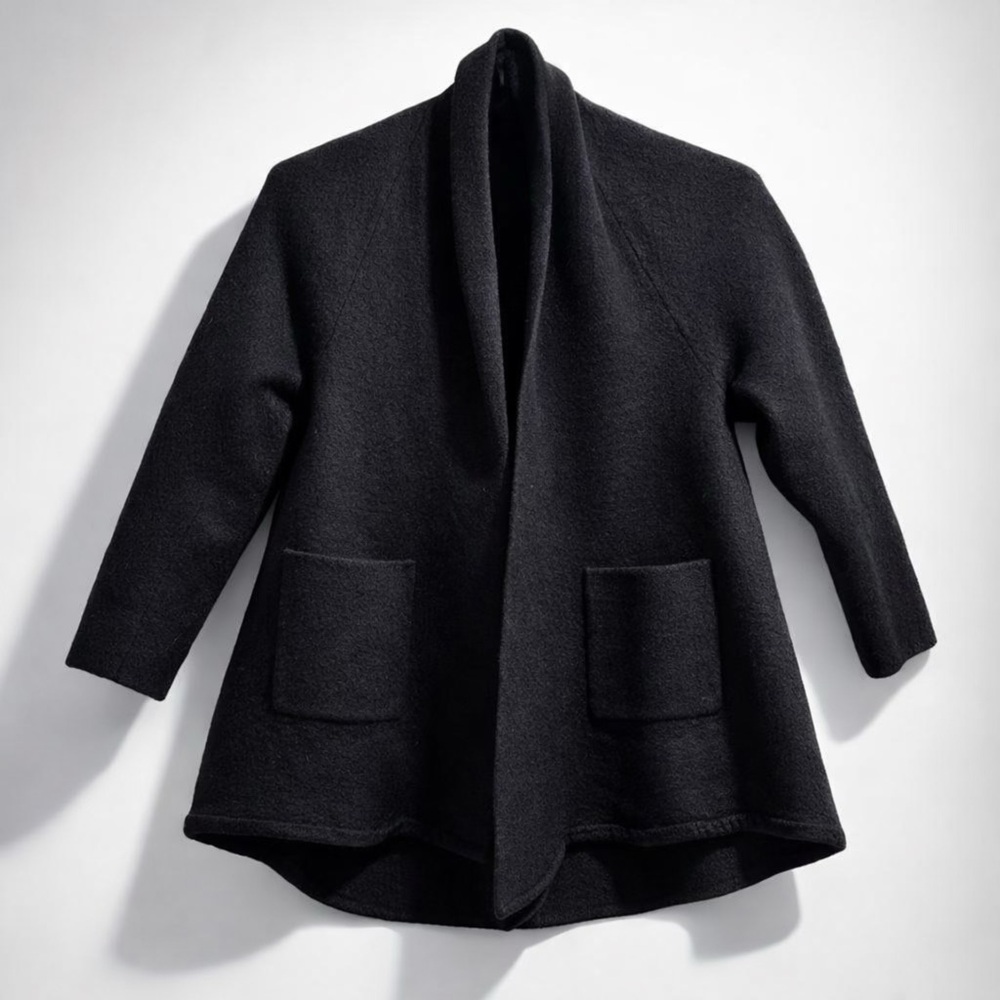 Eileen Fisher Black High Collar Open-Front  Cardigan